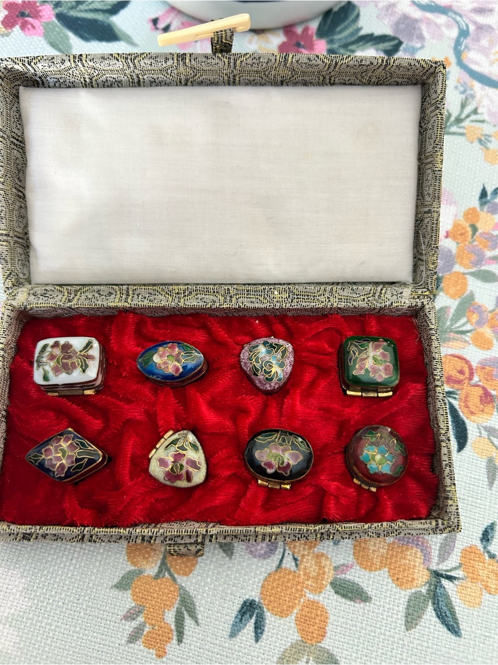 Cloisonné Floral Mini Pill Box Set in Green, Blue, Red and Black
